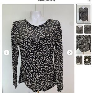 CAbi Black and Cream Fitted Ruched Blouse
